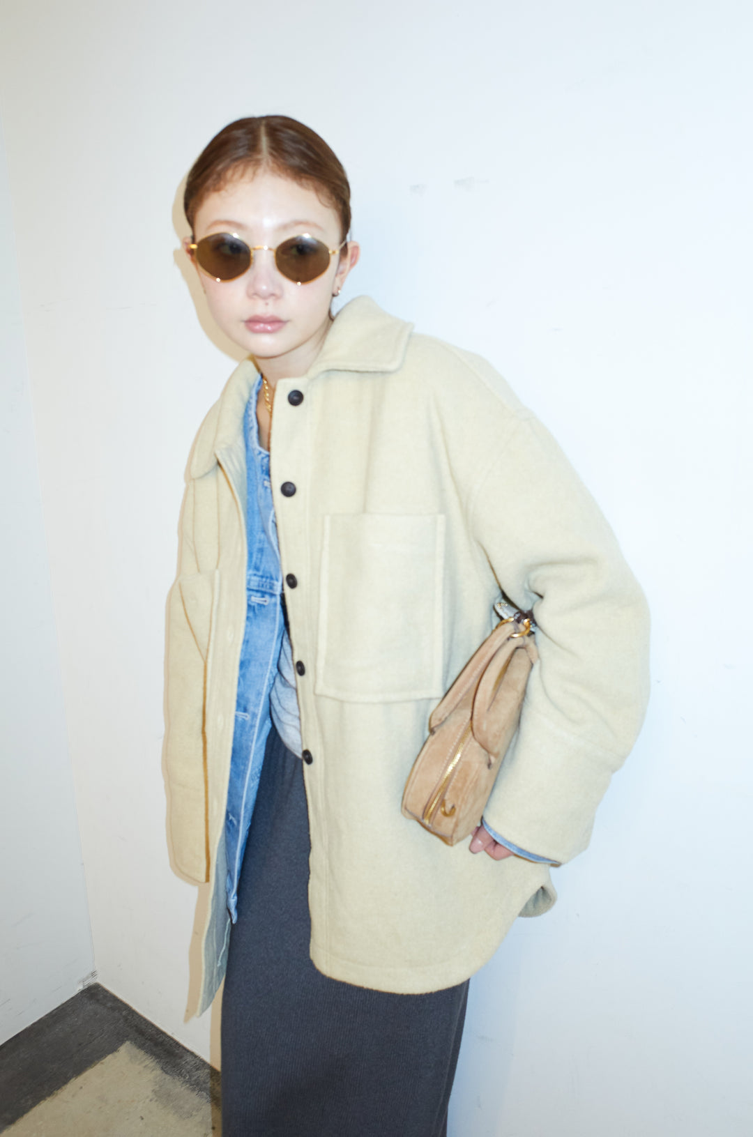 [予約/SET]ウールモッサ杢ヘリンボーンシャツJK+リブニットナロースカート(2set)