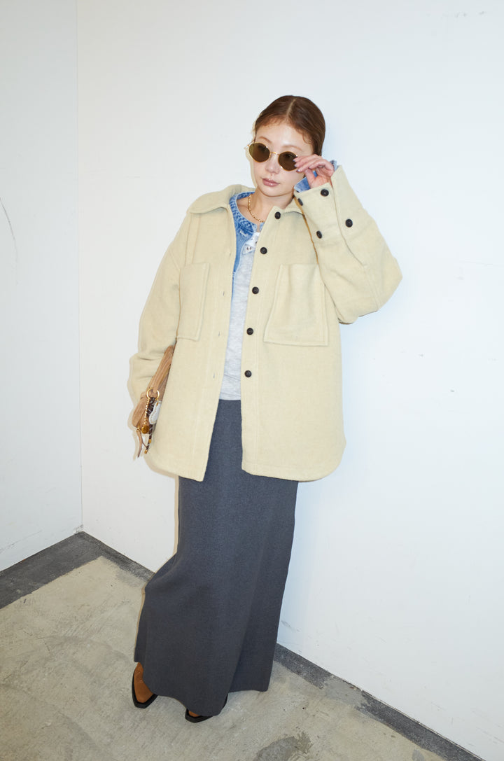 [予約/SET]ウールモッサ杢ヘリンボーンシャツJK+オーバーサイズノーカラーデニムJK+リブニットナロースカート(3set)