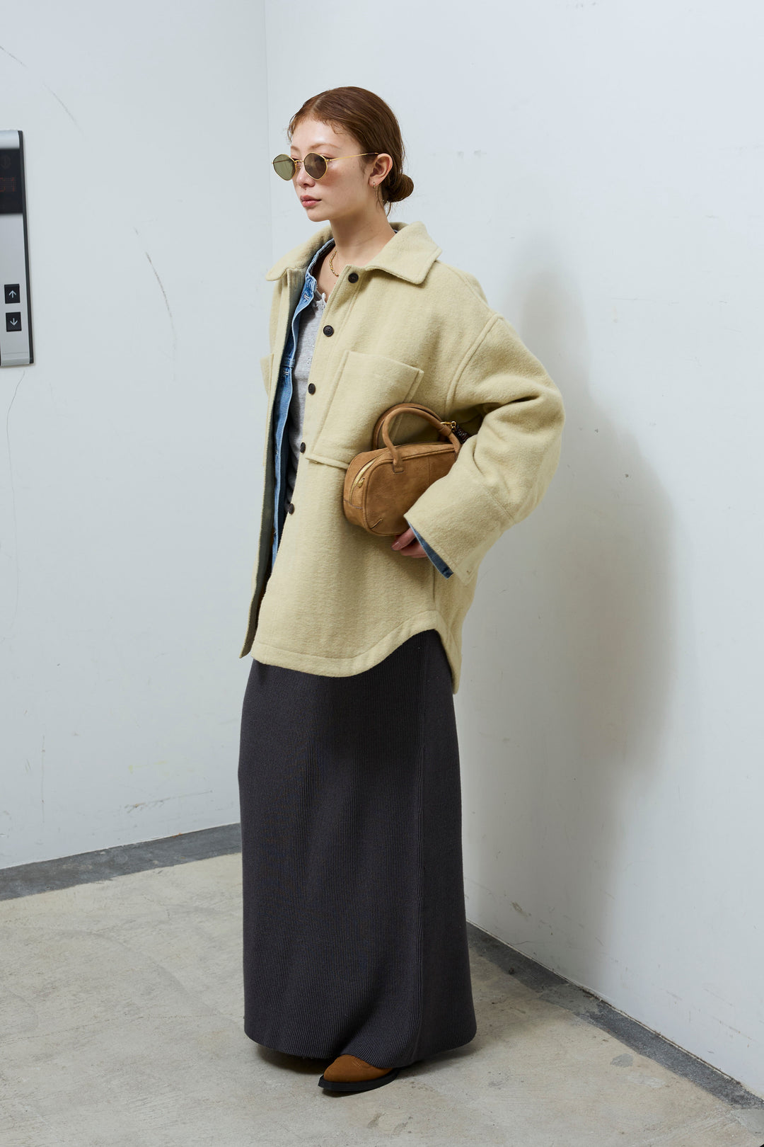 [予約/SET]ウールモッサ杢ヘリンボーンシャツJK+オーバーサイズノーカラーデニムJK+リブニットナロースカート(3set)