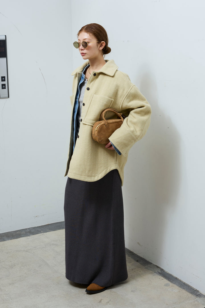 [予約/SET]ウールモッサ杢ヘリンボーンシャツJK+オーバーサイズノーカラーデニムJK+リブニットナロースカート(3set)