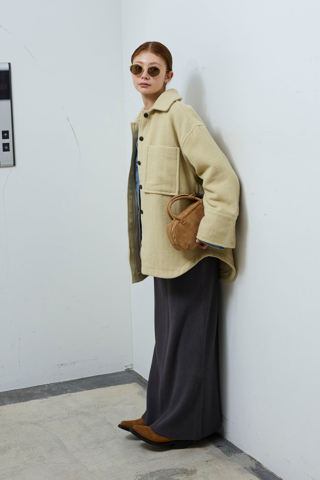 [予約/SET]ウールモッサ杢ヘリンボーンシャツJK+オーバーサイズノーカラーデニムJK+リブニットナロースカート(3set)