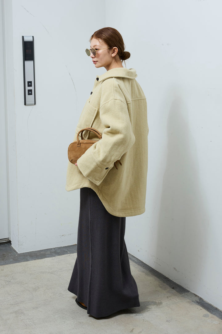 [予約/SET]ウールモッサ杢ヘリンボーンシャツJK+オーバーサイズノーカラーデニムJK+リブニットナロースカート(3set)