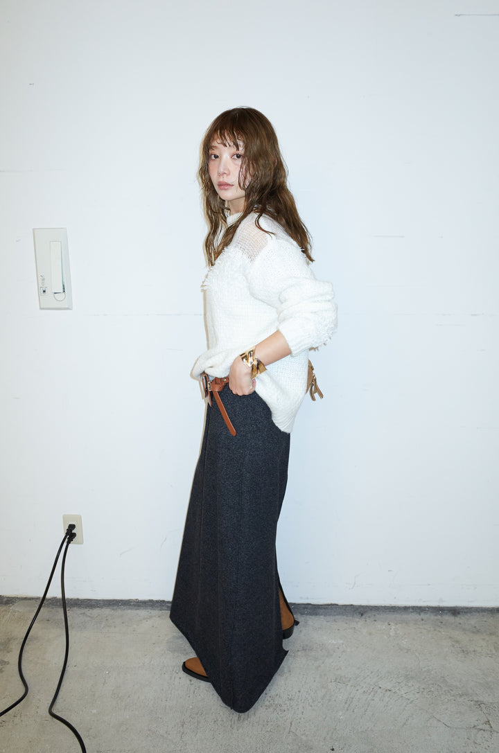 [予約/SET]切り替えパターンミニフリンジニット+アウトシームストレートスカート(2set)