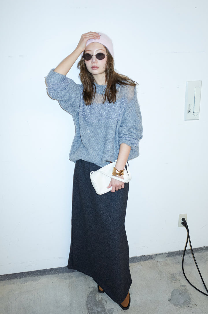 [予約/SET]切り替えパターンミニフリンジニット+アウトシームストレートスカート(2set)