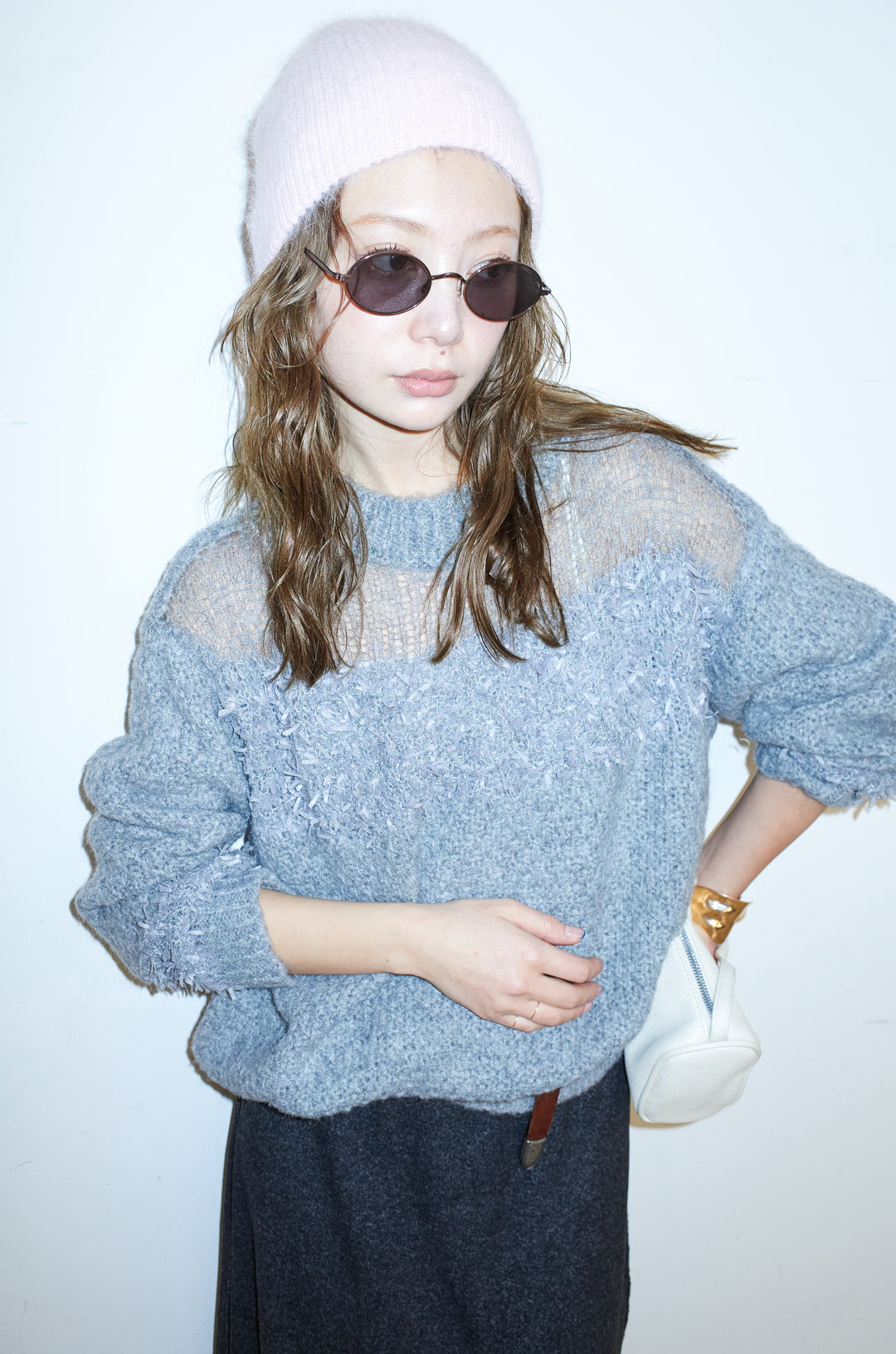 [予約/SET]切り替えパターンミニフリンジニット+アウトシームストレートスカート(2set)