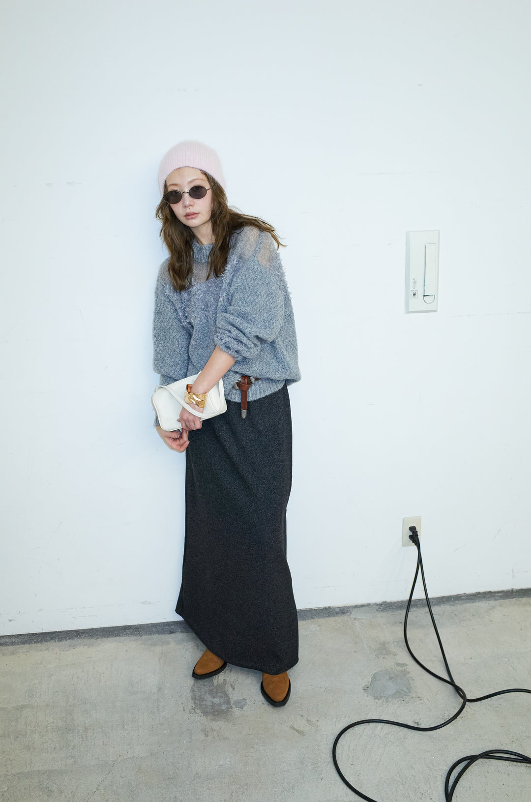 [予約/SET]切り替えパターンミニフリンジニット+アウトシームストレートスカート(2set)