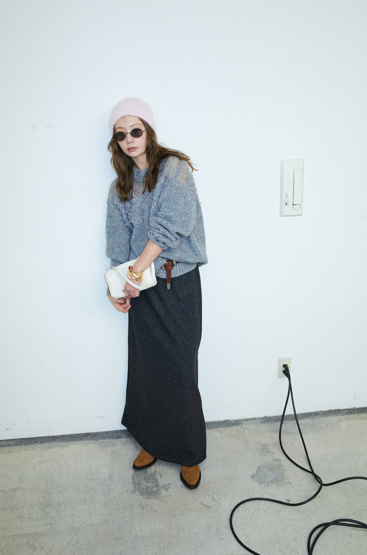 [予約/SET]切り替えパターンミニフリンジニット+アウトシームストレートスカート(2set)