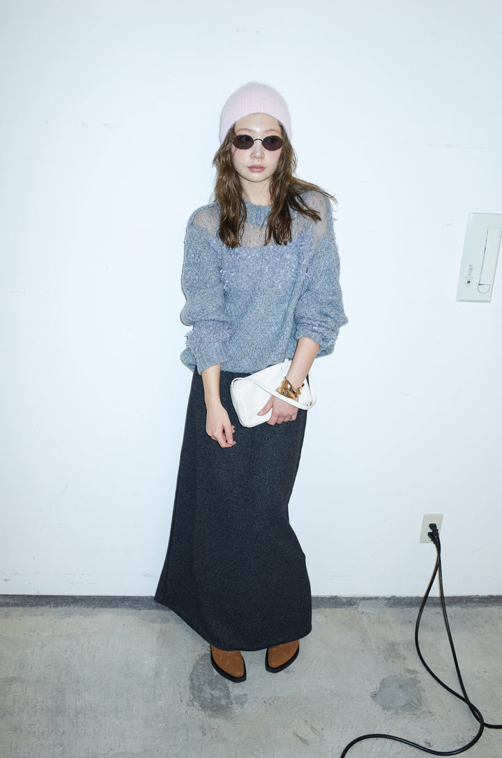 [予約/SET]切り替えパターンミニフリンジニット+アウトシームストレートスカート(2set)