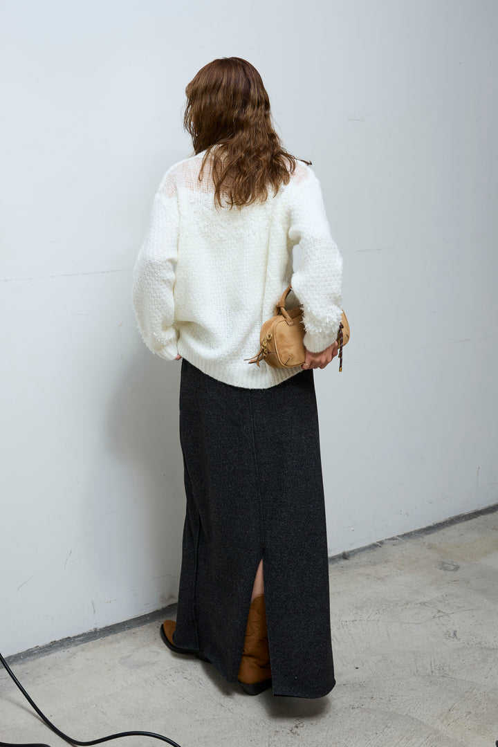 [予約/SET]切り替えパターンミニフリンジニット+アウトシームストレートスカート(2set)