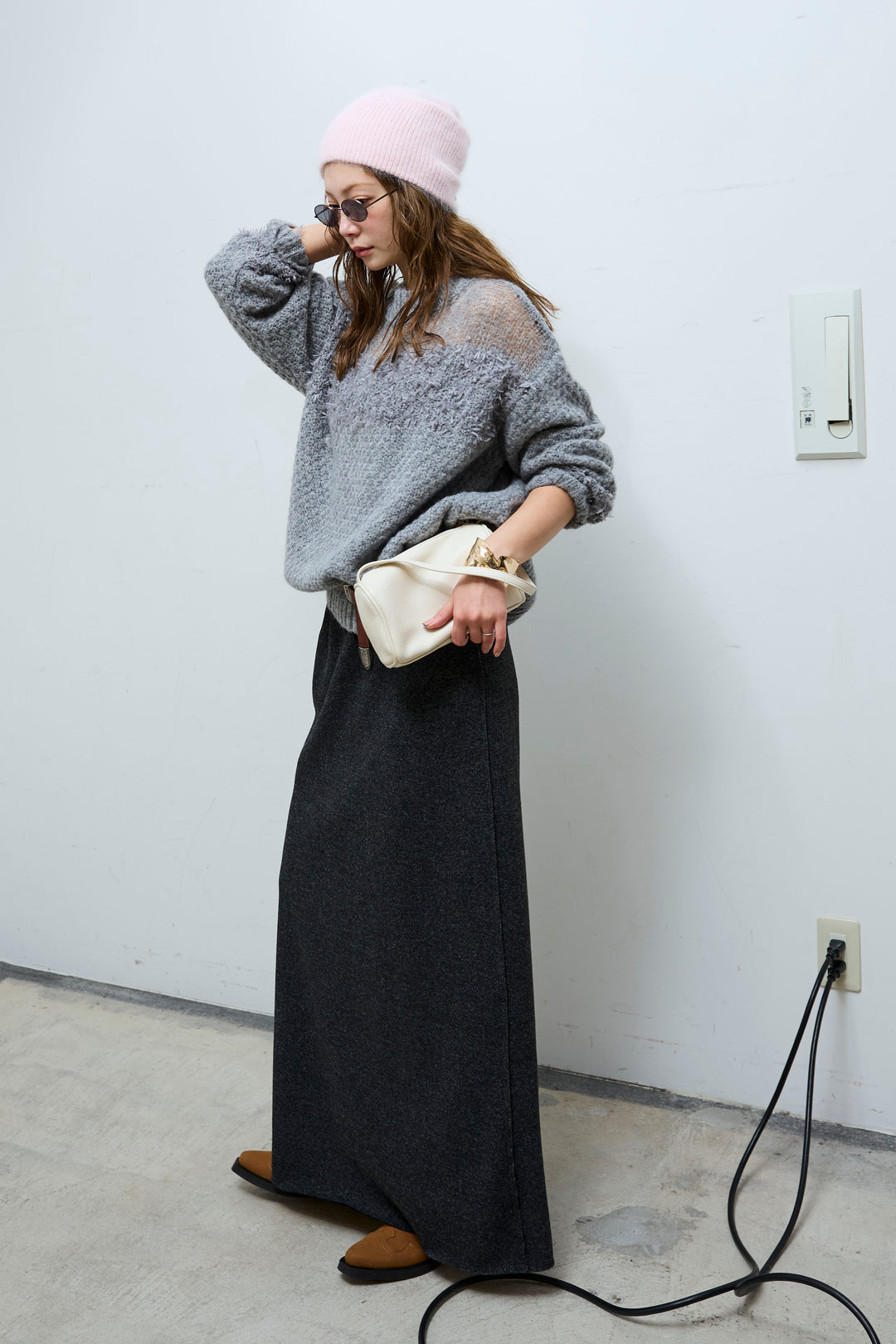 [予約/SET]切り替えパターンミニフリンジニット+アウトシームストレートスカート(2set)