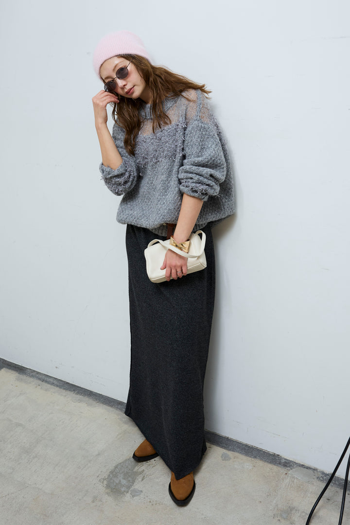 [予約/SET]切り替えパターンミニフリンジニット+アウトシームストレートスカート(2set)