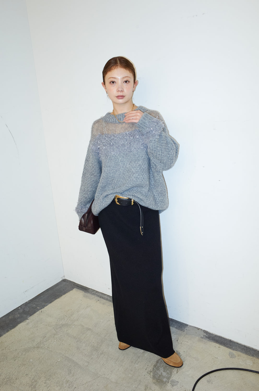 [予約/SET]切り替えパターンミニフリンジニット+リブニットナロースカート(2set)