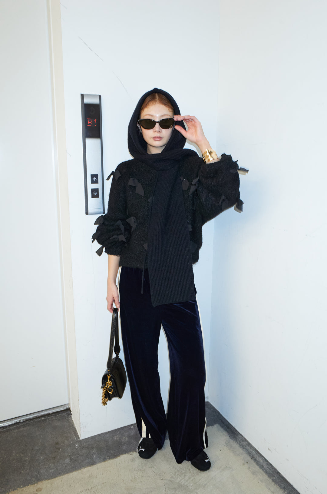 [予約/SET]ブークレー×ジョーゼットリボンニット+ベロアサイドラインイージーパンツ(2set)