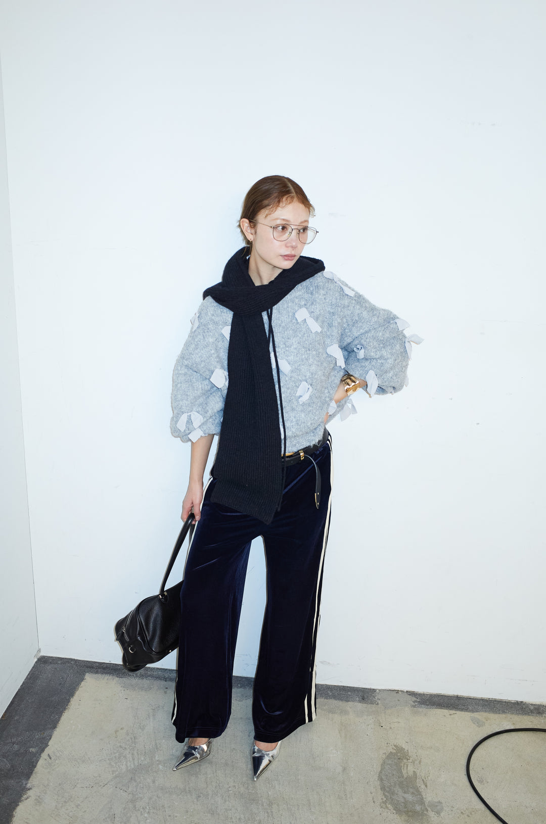 [予約/SET]ブークレー×ジョーゼットリボンニット+ベロアサイドラインイージーパンツ(2set)