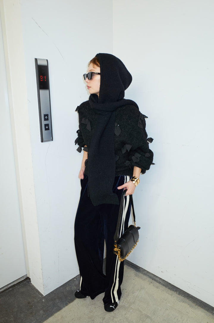 [予約/SET]ブークレー×ジョーゼットリボンニット+ベロアサイドラインイージーパンツ(2set)