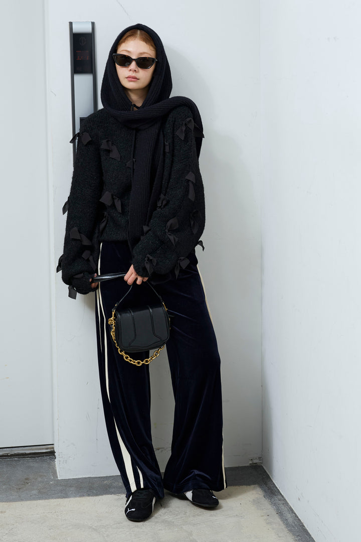 [予約/SET]ブークレー×ジョーゼットリボンニット+ベロアサイドラインイージーパンツ(2set)