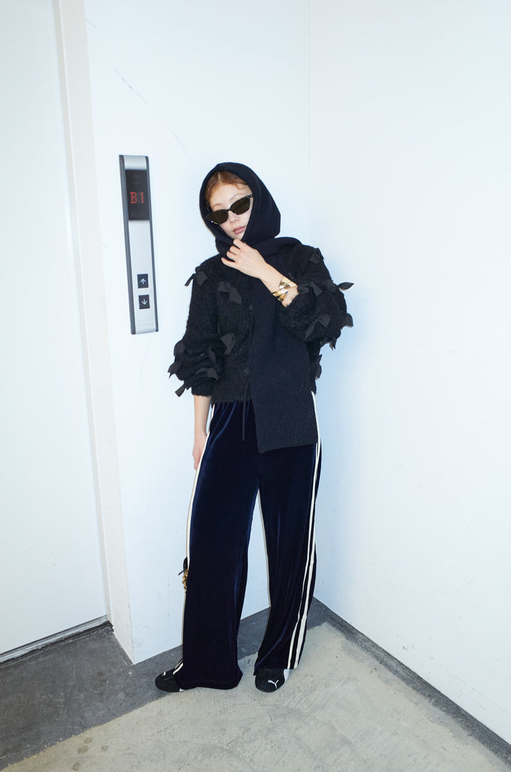 [予約/SET]ブークレー×ジョーゼットリボンニット+ベロアサイドラインイージーパンツ(2set)