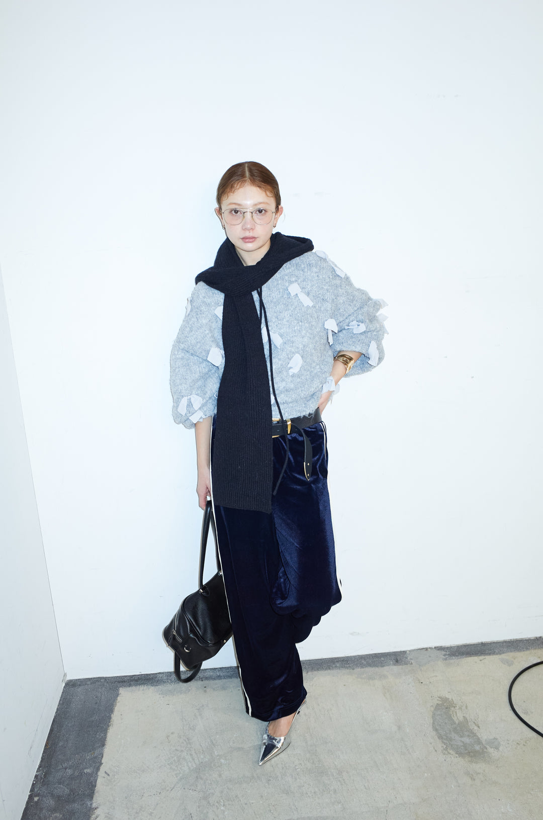 [予約/SET]ブークレー×ジョーゼットリボンニット+ベロアサイドラインイージーパンツ(2set)