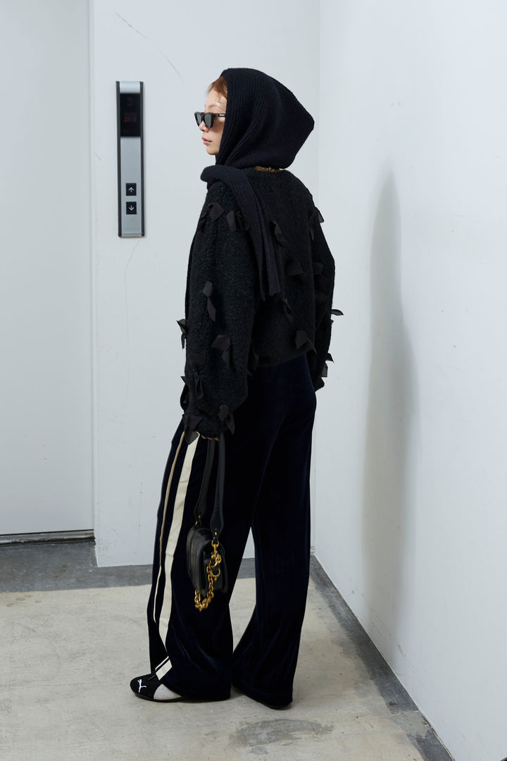 [予約/SET]ブークレー×ジョーゼットリボンニット+ベロアサイドラインイージーパンツ(2set)