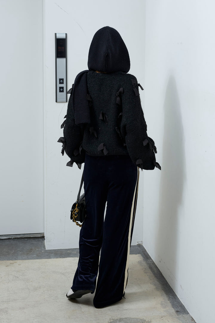 [予約/SET]ブークレー×ジョーゼットリボンニット+ベロアサイドラインイージーパンツ(2set)