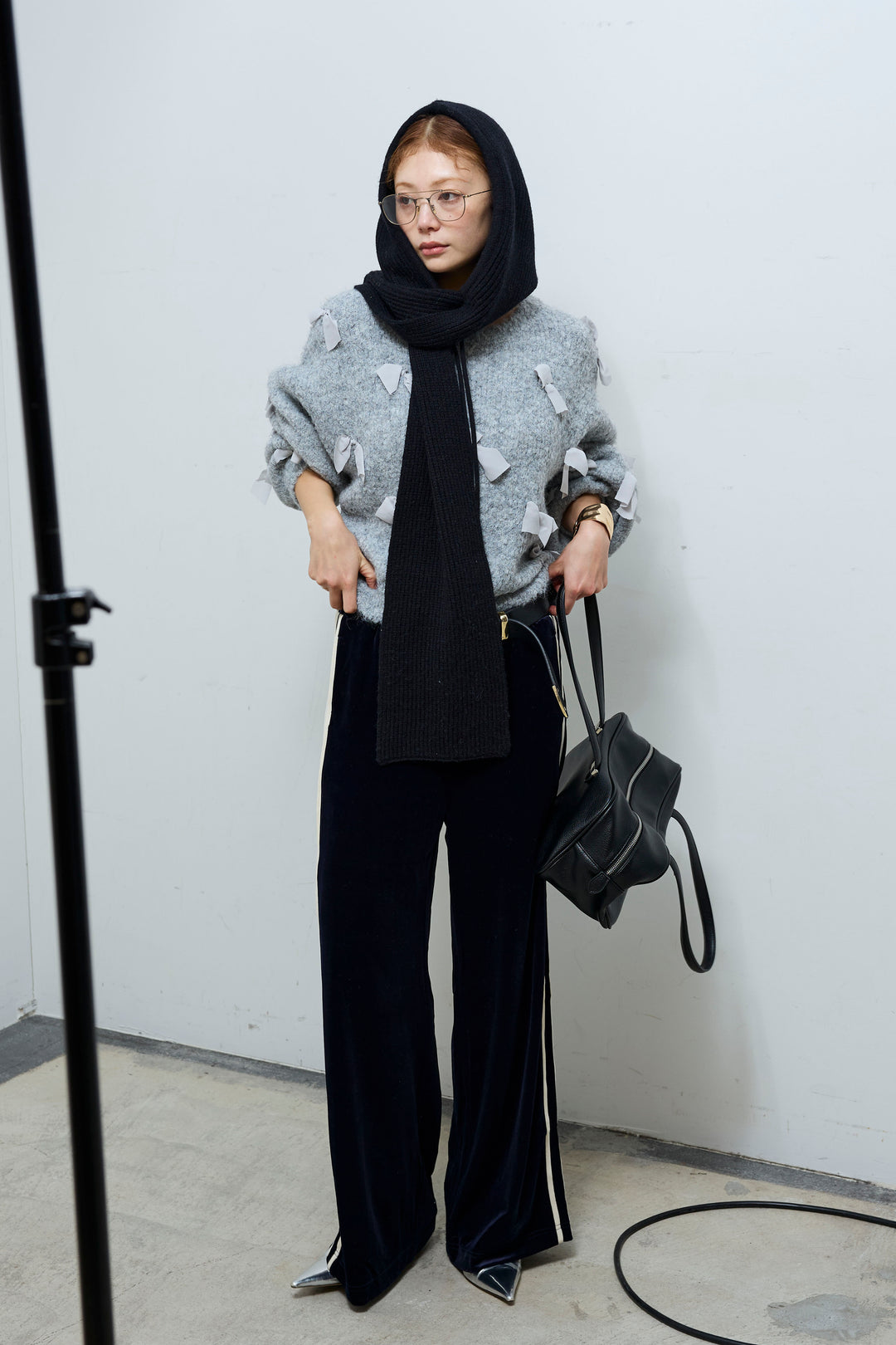 [予約/SET]ブークレー×ジョーゼットリボンニット+ベロアサイドラインイージーパンツ(2set)