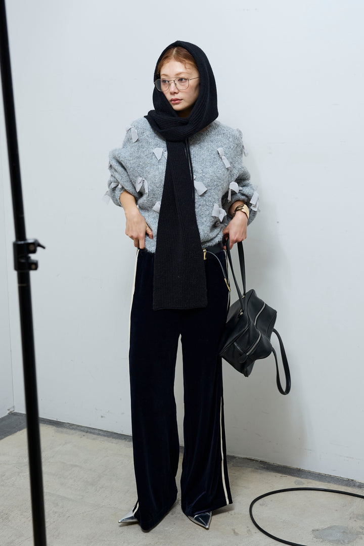 [予約/SET]ブークレー×ジョーゼットリボンニット+ベロアサイドラインイージーパンツ(2set)