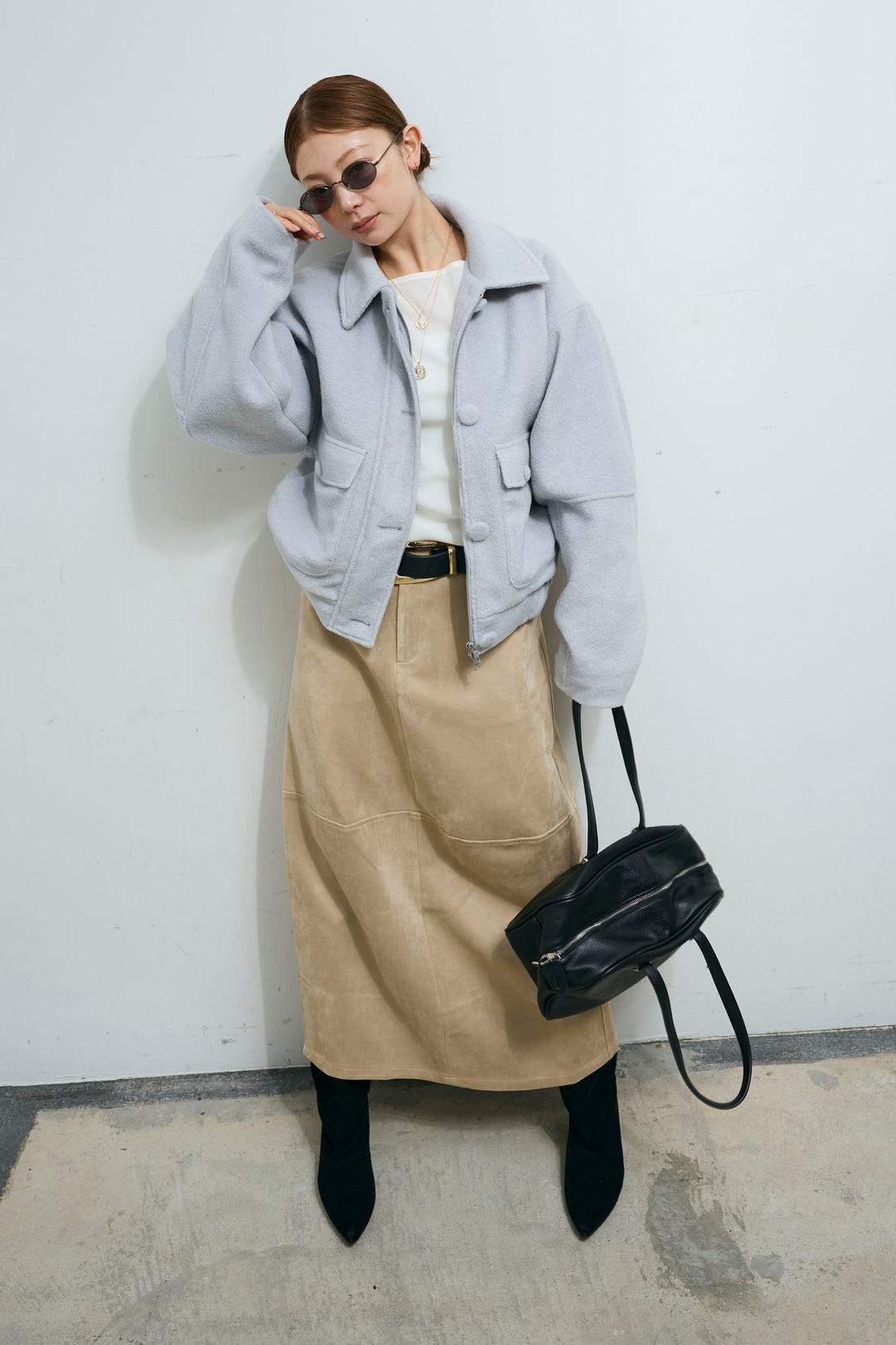 [予約/SET]ソフトシャギー ブルゾン+スウェードタッチコクーンスカート(2set)