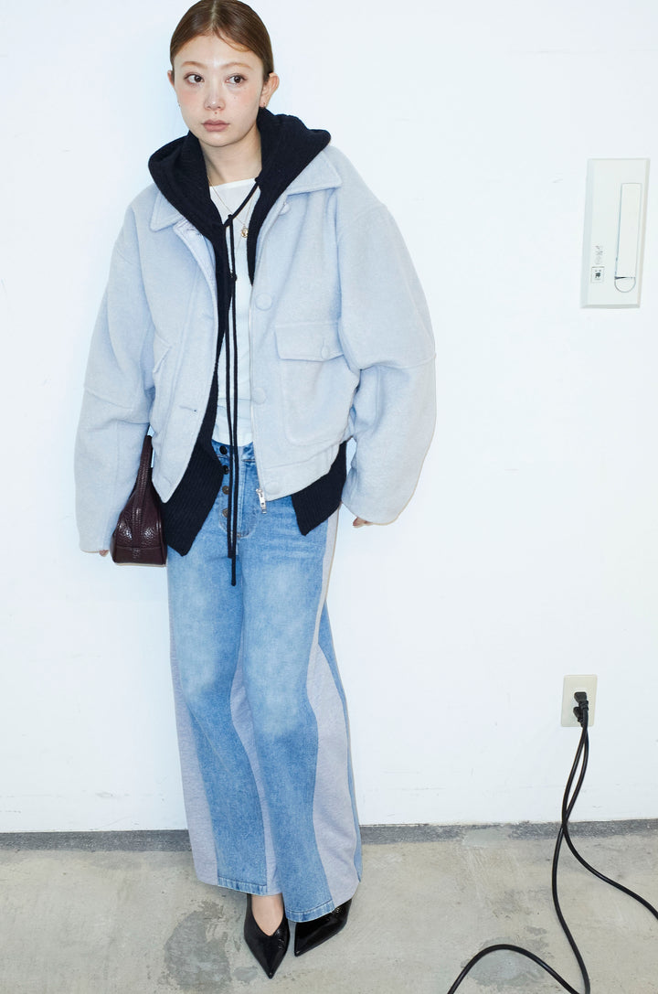 [予約/SET]ソフトシャギー ブルゾン+チュールベロアサイドギャザーPO+スウェット切り替えデニムパンツ(3set)