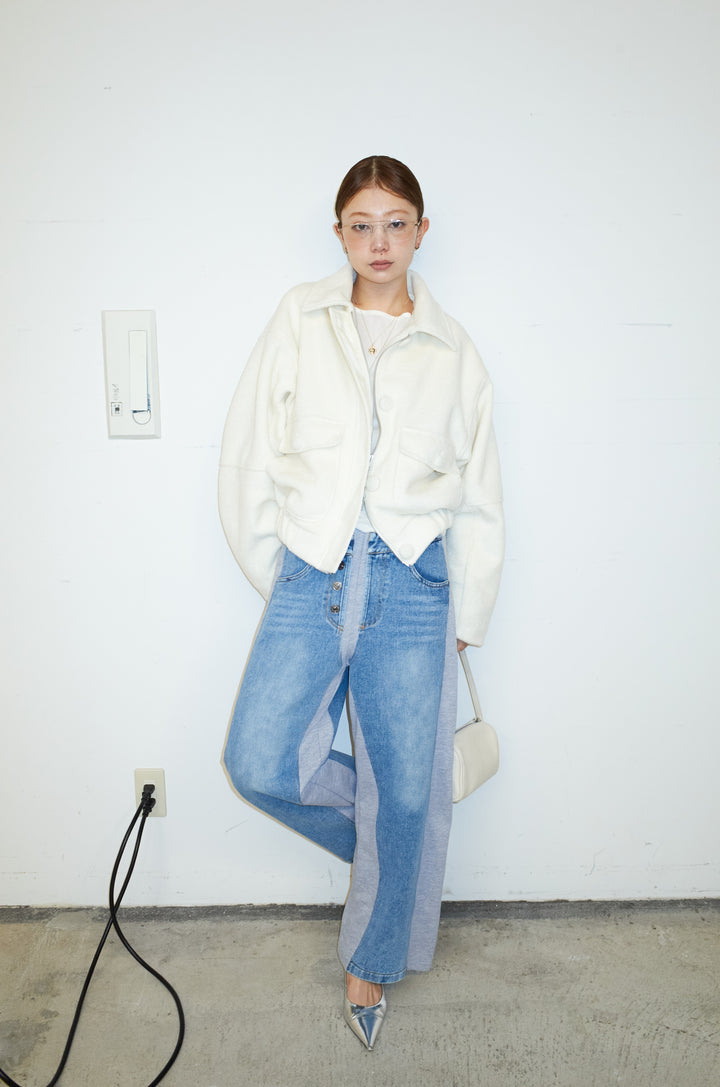 [予約/SET]ソフトシャギー ブルゾン+スウェット切り替えデニムパンツ(2set)