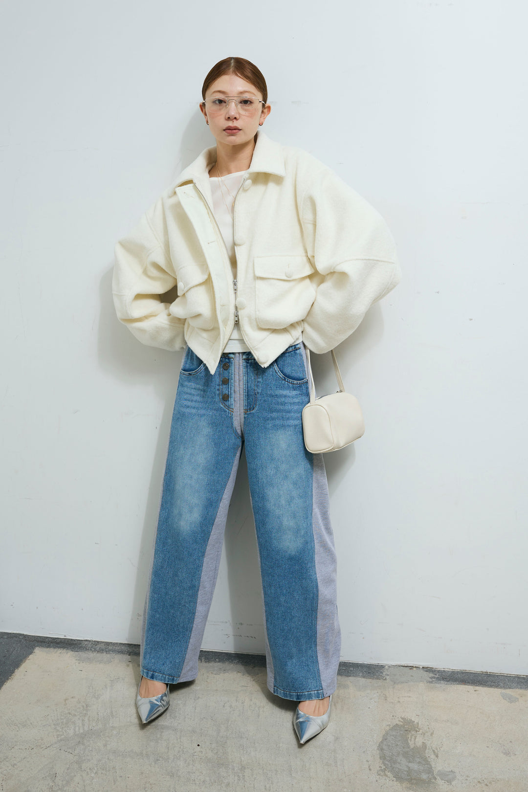 [予約/SET]ソフトシャギー ブルゾン+チュールベロアサイドギャザーPO+スウェット切り替えデニムパンツ(3set)