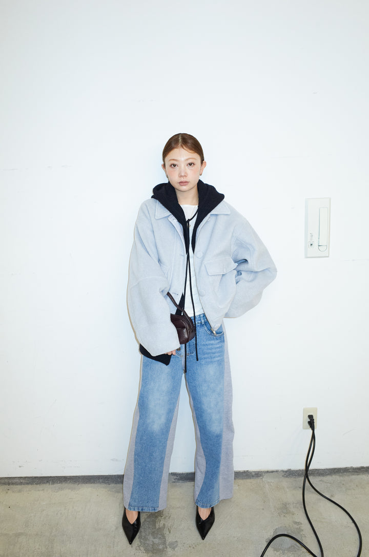 [予約/SET]ソフトシャギー ブルゾン+スウェット切り替えデニムパンツ(2set)