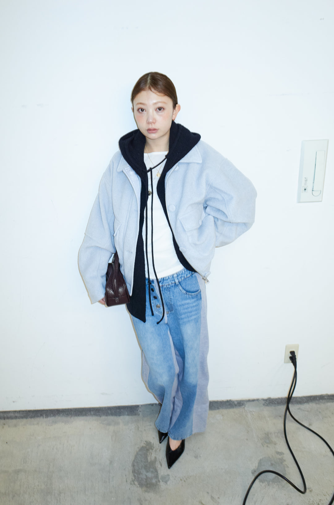 [予約/SET]ソフトシャギー ブルゾン+チュールベロアサイドギャザーPO+スウェット切り替えデニムパンツ(3set)