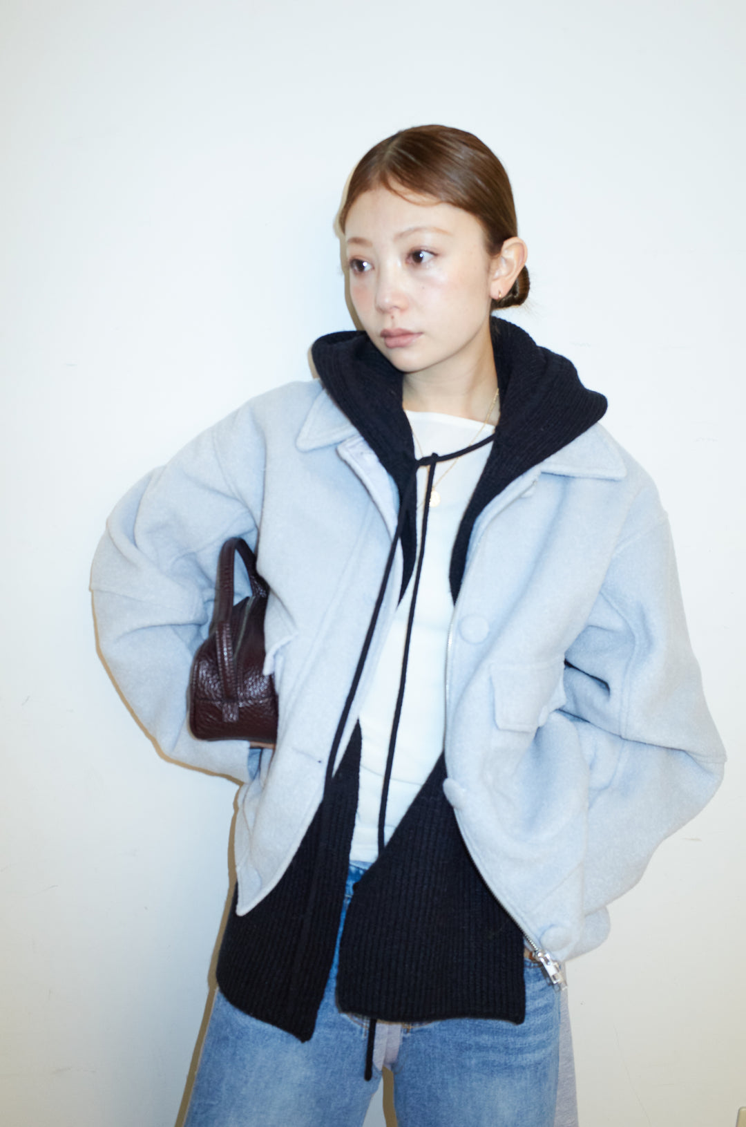 [予約/SET]ソフトシャギー ブルゾン+スウェット切り替えデニムパンツ(2set)