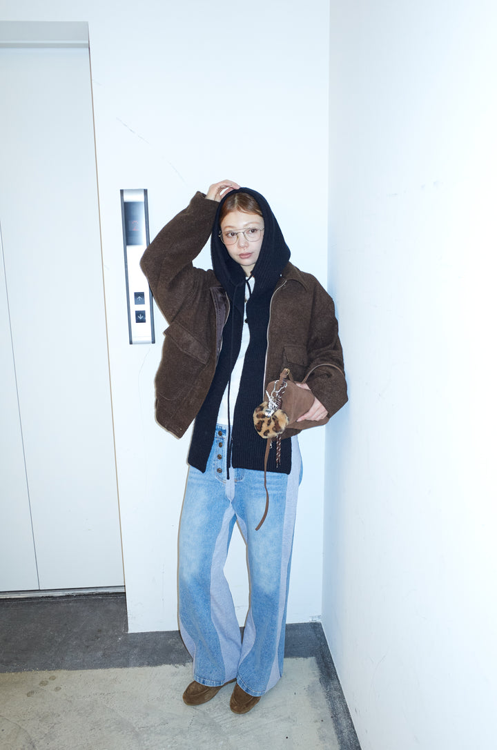 [予約/SET]ソフトシャギー ブルゾン+チュールベロアサイドギャザーPO+スウェット切り替えデニムパンツ(3set)