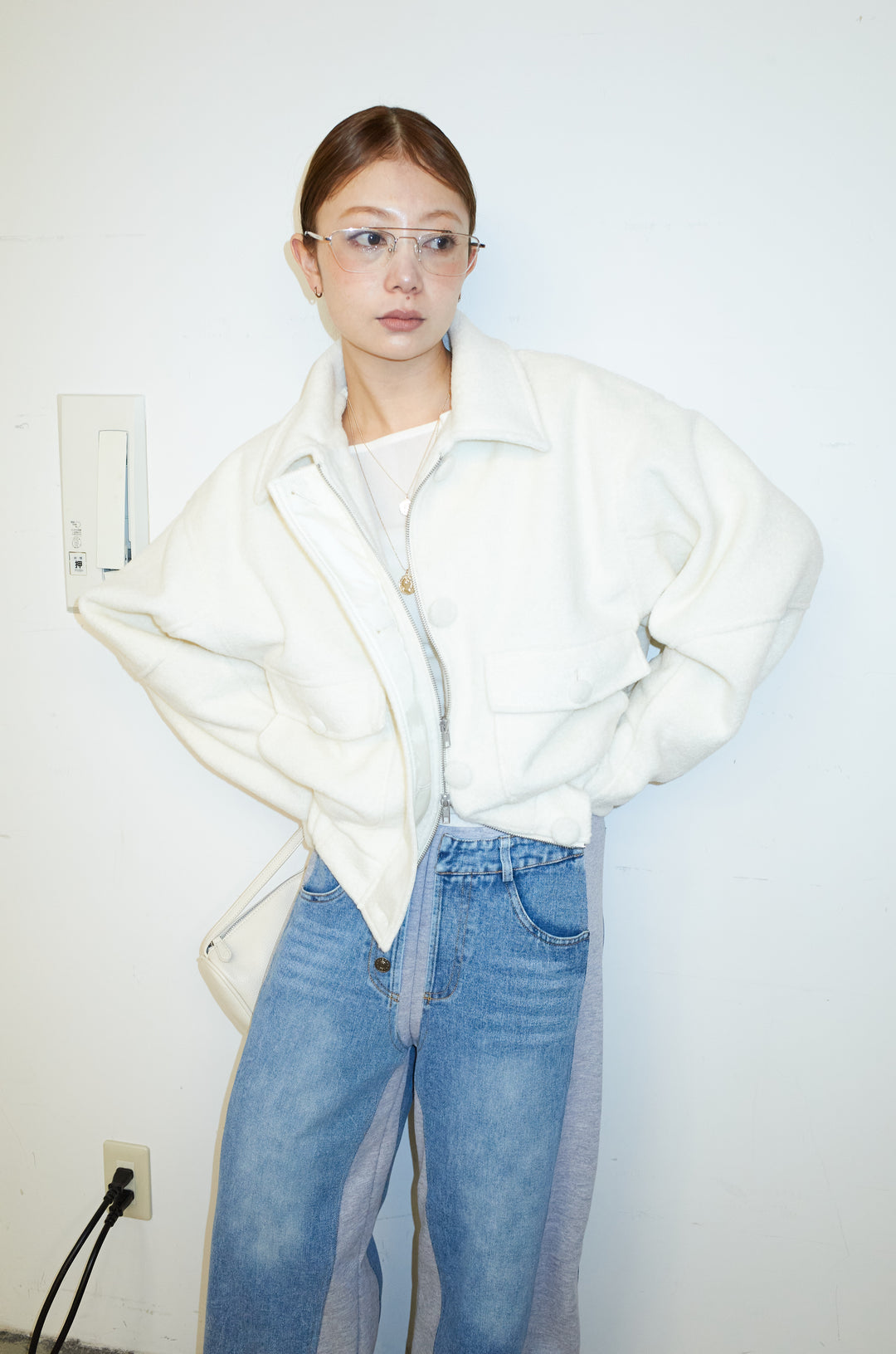 [予約/SET]ソフトシャギー ブルゾン+スウェット切り替えデニムパンツ(2set)