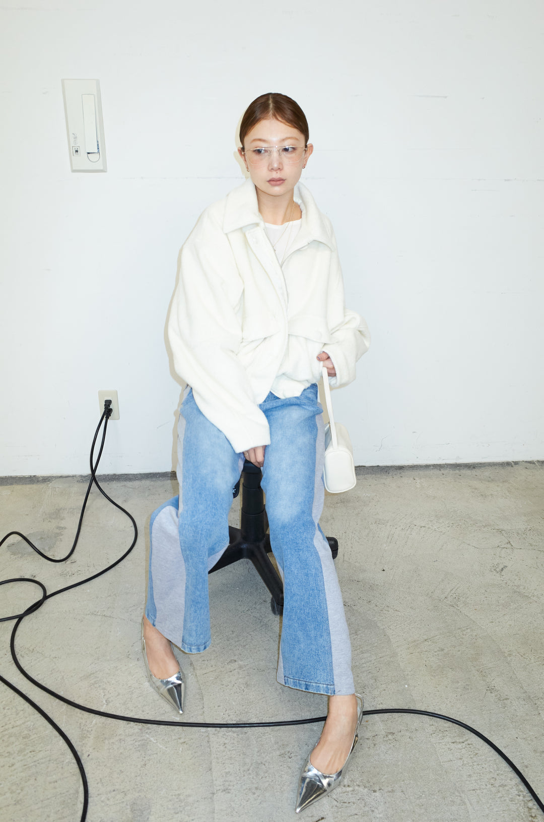 [予約/SET]ソフトシャギー ブルゾン+スウェット切り替えデニムパンツ(2set)