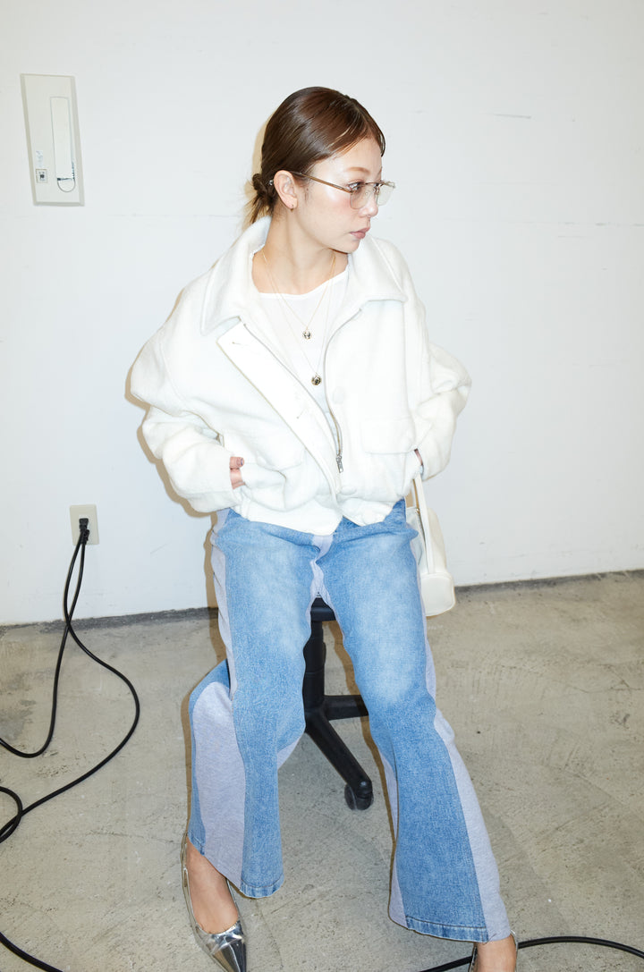 [予約/SET]ソフトシャギー ブルゾン+チュールベロアサイドギャザーPO+スウェット切り替えデニムパンツ(3set)