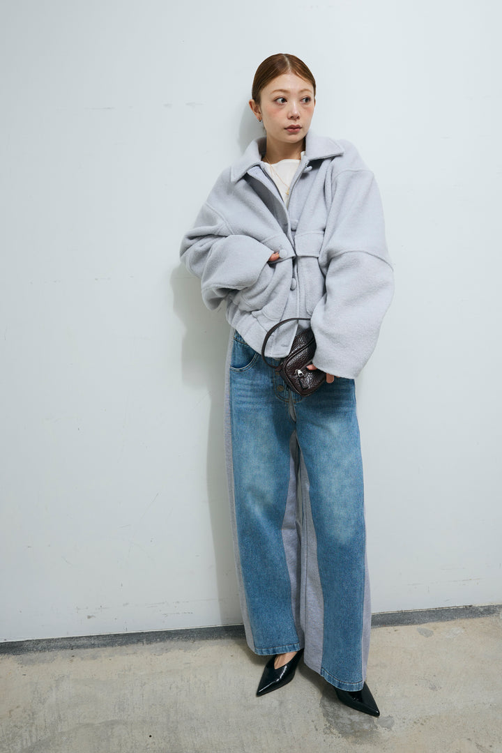 [予約/SET]ソフトシャギー ブルゾン+チュールベロアサイドギャザーPO+スウェット切り替えデニムパンツ(3set)