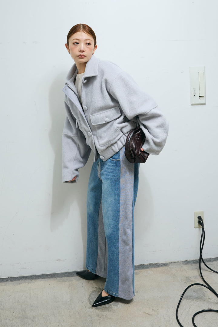 [予約/SET]ソフトシャギー ブルゾン+チュールベロアサイドギャザーPO+スウェット切り替えデニムパンツ(3set)