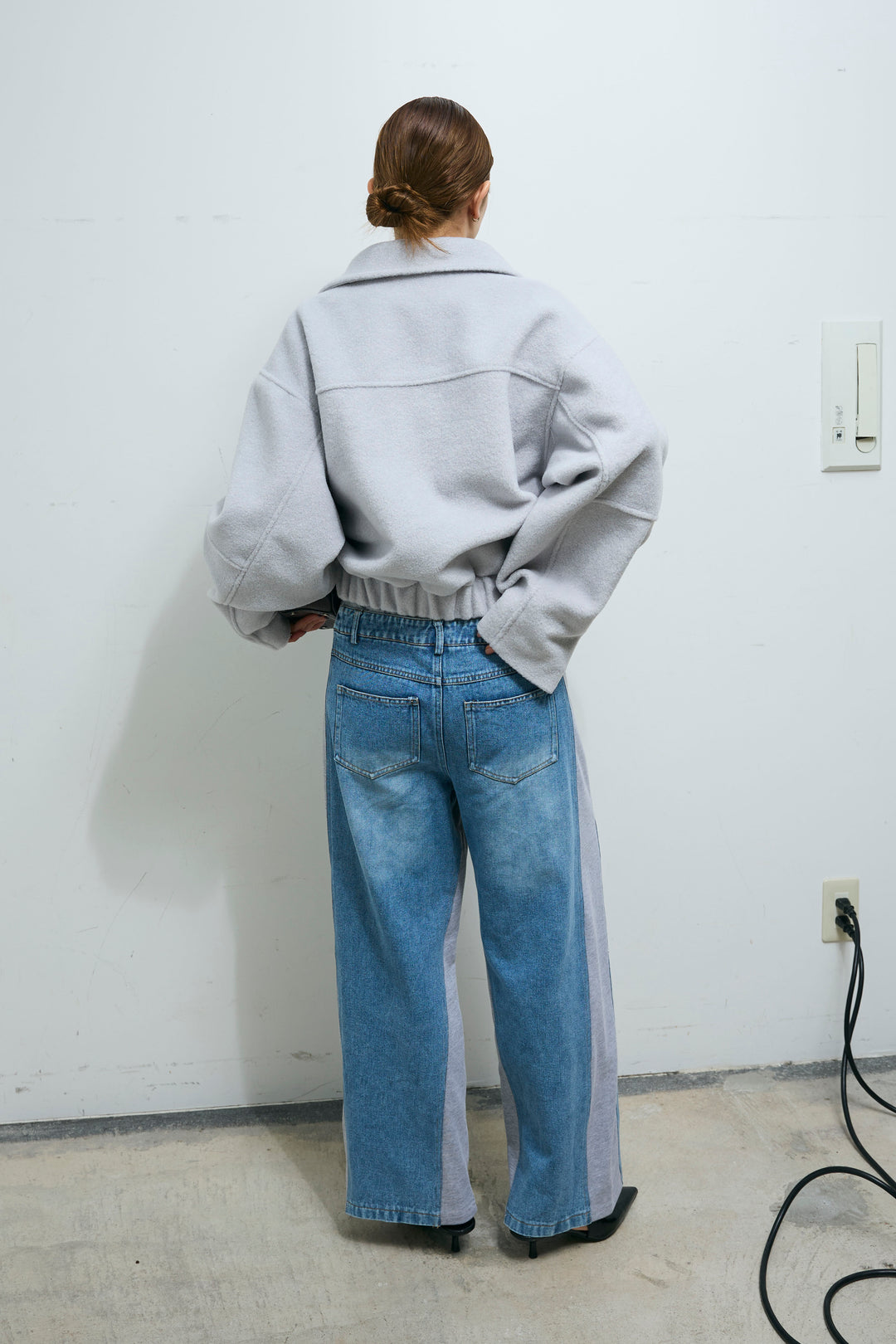 [予約/SET]ソフトシャギー ブルゾン+スウェット切り替えデニムパンツ(2set)