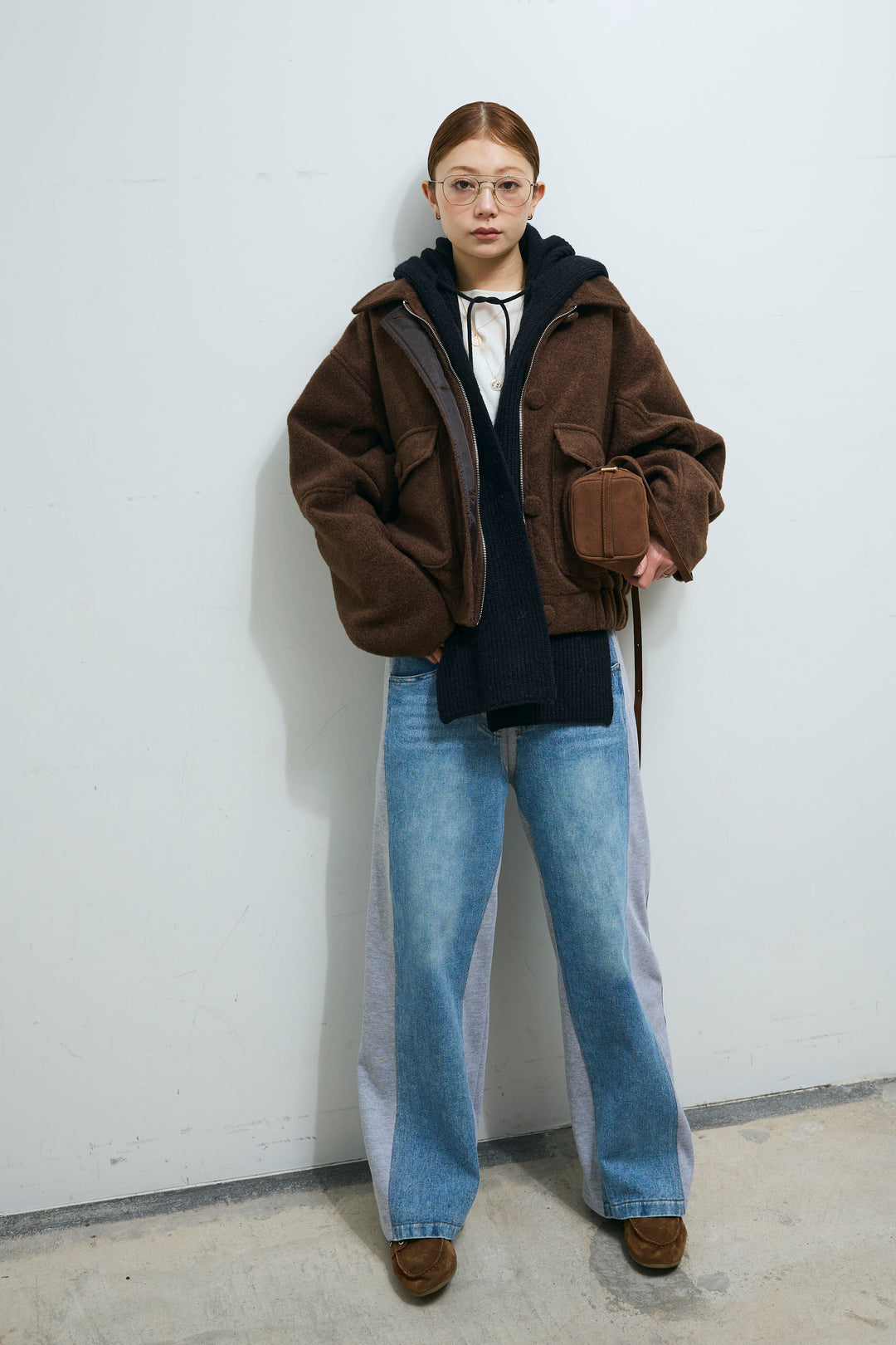 [予約/SET]ソフトシャギー ブルゾン+スウェット切り替えデニムパンツ(2set)