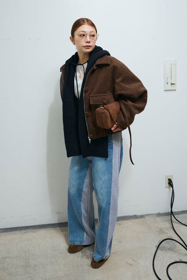 [予約/SET]ソフトシャギー ブルゾン+スウェット切り替えデニムパンツ(2set)