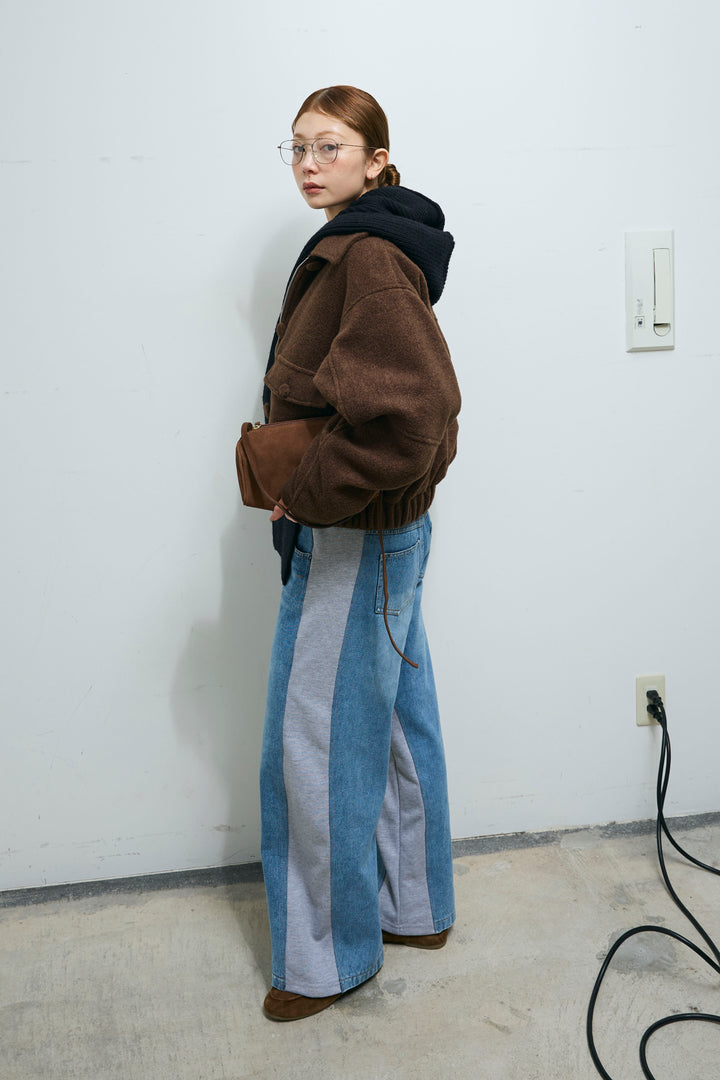 [予約/SET]ソフトシャギー ブルゾン+チュールベロアサイドギャザーPO+スウェット切り替えデニムパンツ(3set)