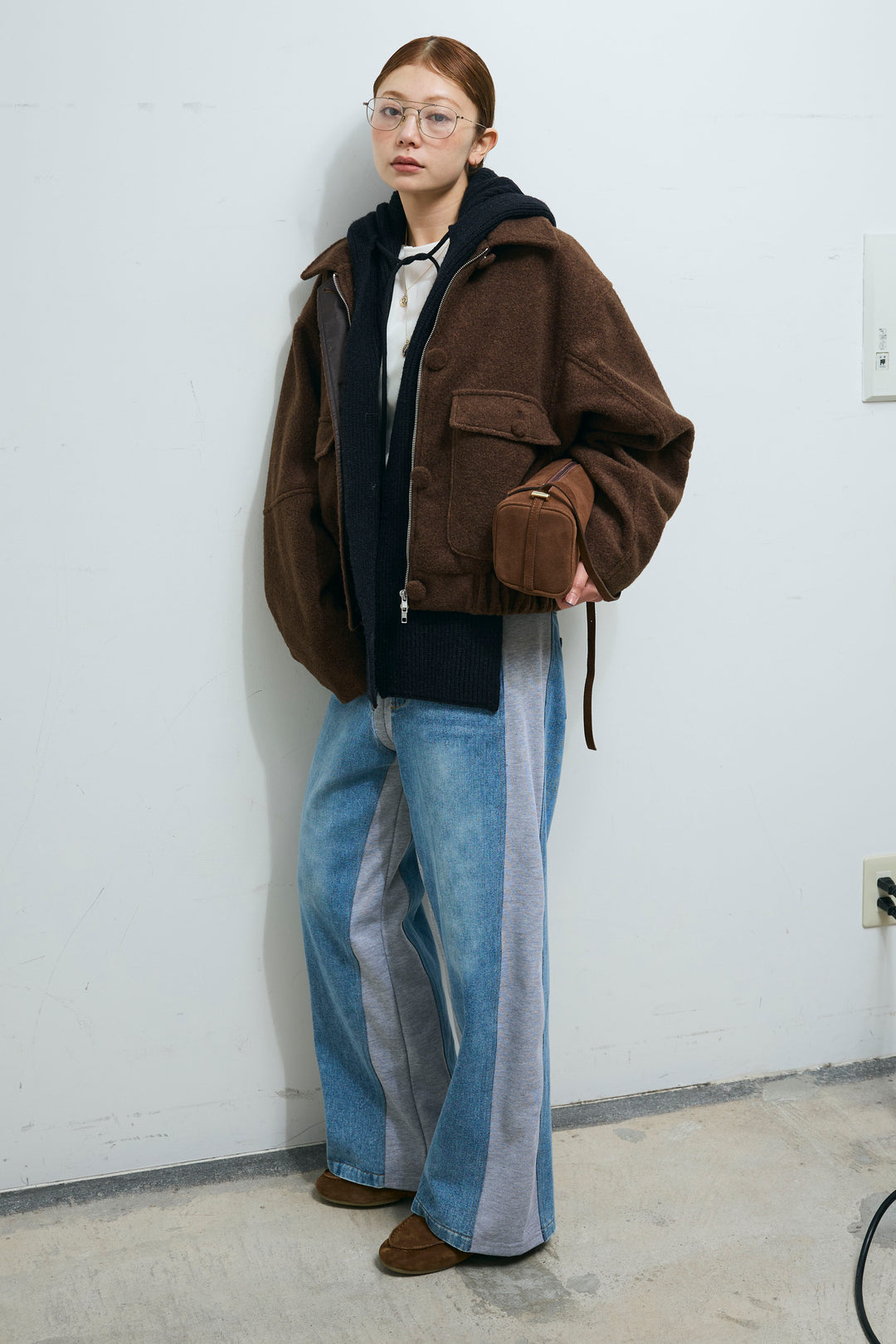 [予約/SET]ソフトシャギー ブルゾン+スウェット切り替えデニムパンツ(2set)