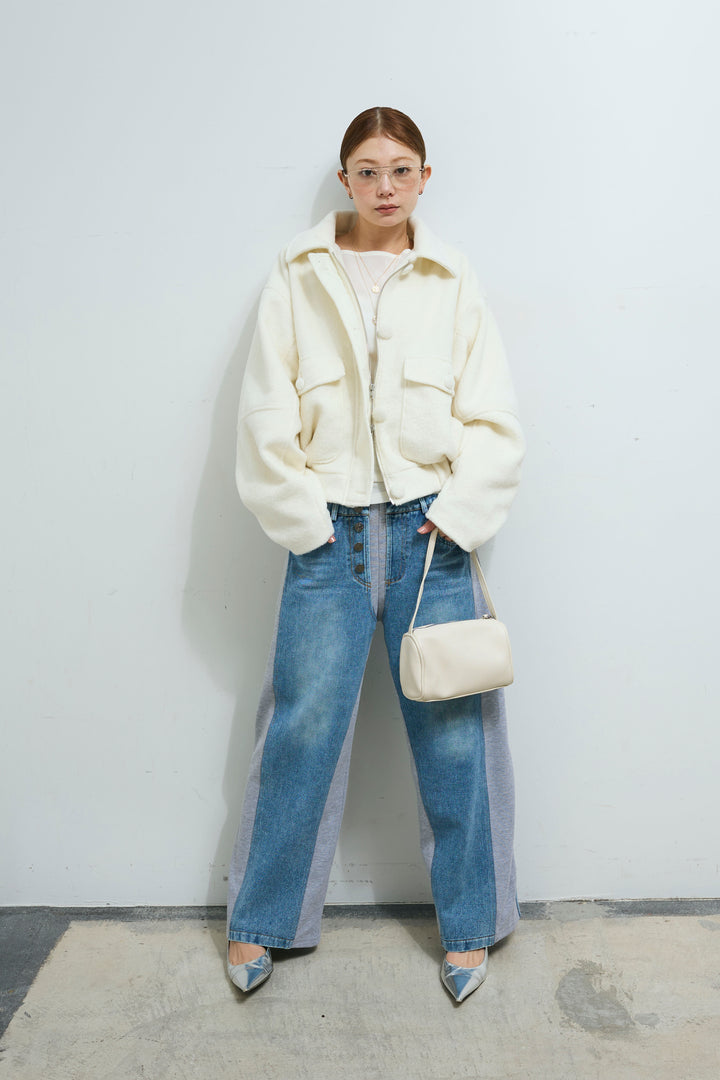 [予約/SET]ソフトシャギー ブルゾン+スウェット切り替えデニムパンツ(2set)