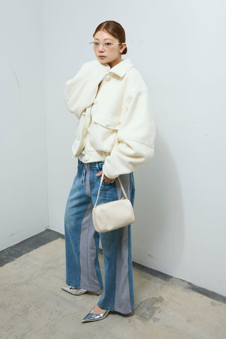 [予約/SET]ソフトシャギー ブルゾン+スウェット切り替えデニムパンツ(2set)