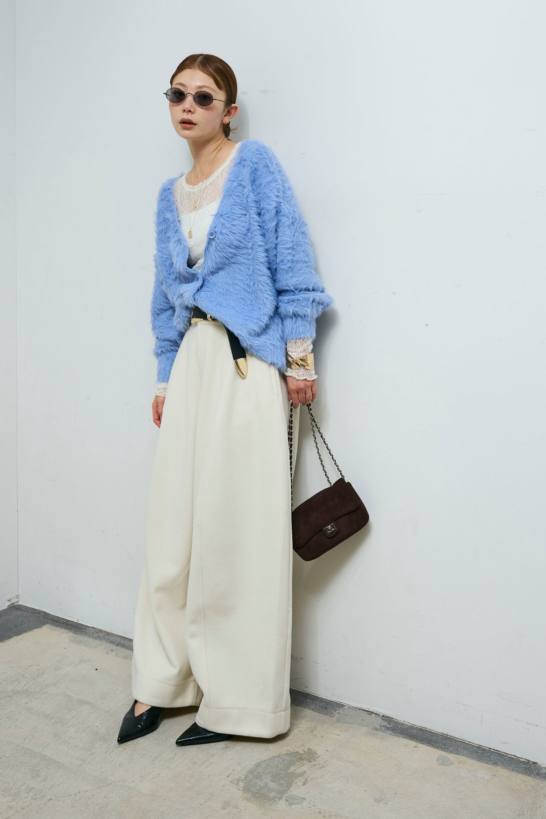 [予約/SET]起毛シャギーカーディガン+ウールタッチカーブワイドパンツ(2set)