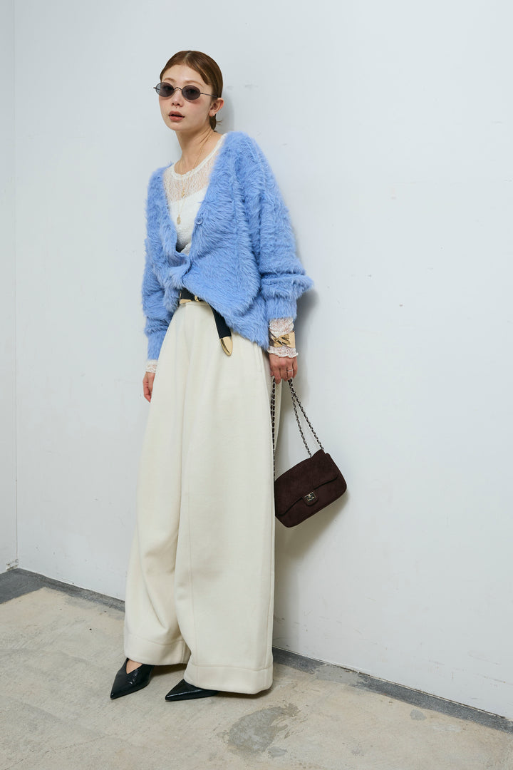 [予約/SET]起毛シャギーカーディガン+ウールタッチカーブワイドパンツ(2set)