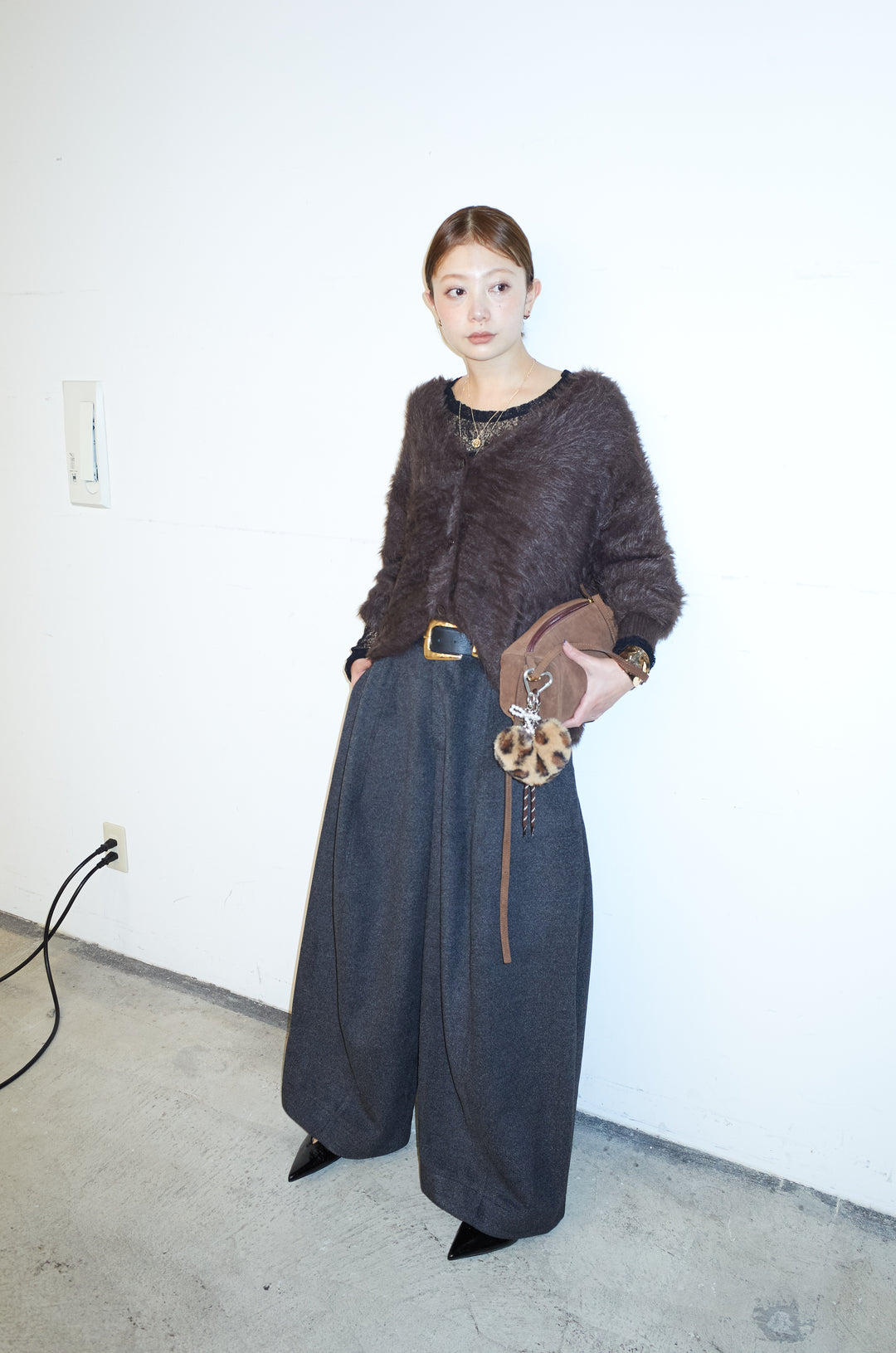 [予約/SET]起毛シャギーカーディガン+ウールタッチカーブワイドパンツ(2set)