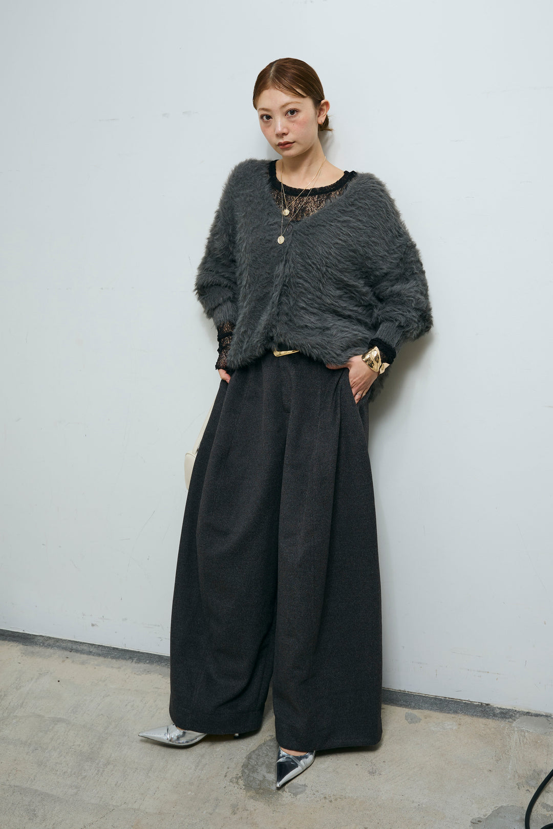 [予約/SET]起毛シャギーカーディガン+ウールタッチカーブワイドパンツ(2set)